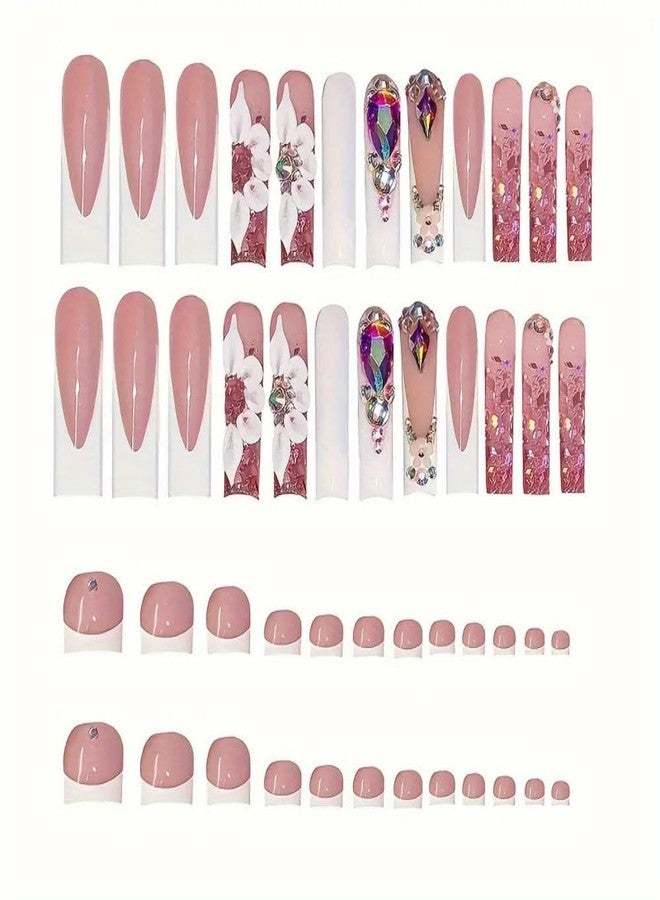 Maigitur White French Tips Press on Toenails Colorful Gem Press on Nails Long Square False Nails with Flower Charm Design Pearl Fake Toenails Glossy Spring Summer Fake Nails for Women Girls Manicure 48Pcs - Image 2
